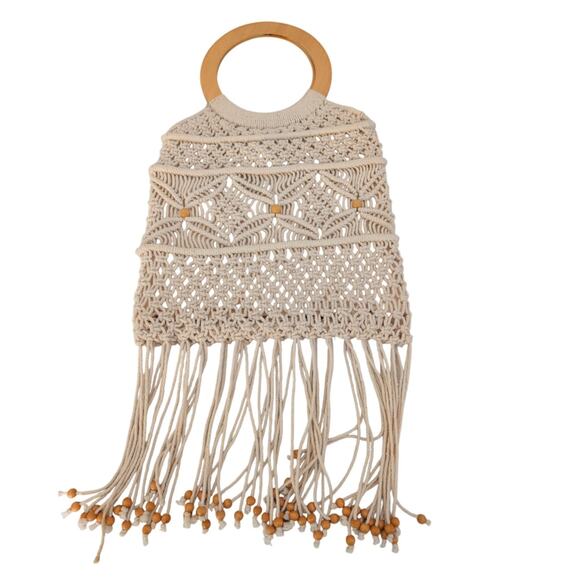 Vintage 70s Beaded Macrame Handbag Small Fringe Boho Hippie Festival Purse 10x10 - Picture 2 of 5